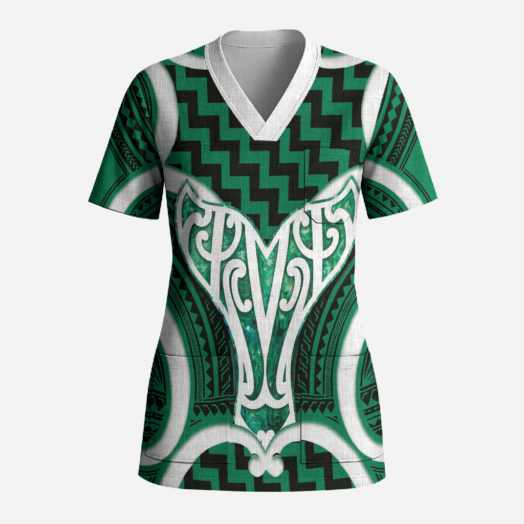 Aotearoa Atua Tangaroa Personalised Scrub Top God Of The Sea Maori Whale Tail Green LT14 Adult Green - Polynesian Pride
