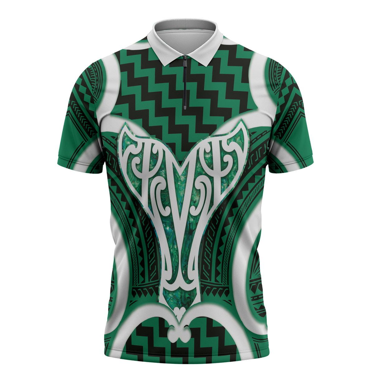 Aotearoa Atua Tangaroa Personalised Zipper Polo Shirt God Of The Sea Maori Whale Tail Green