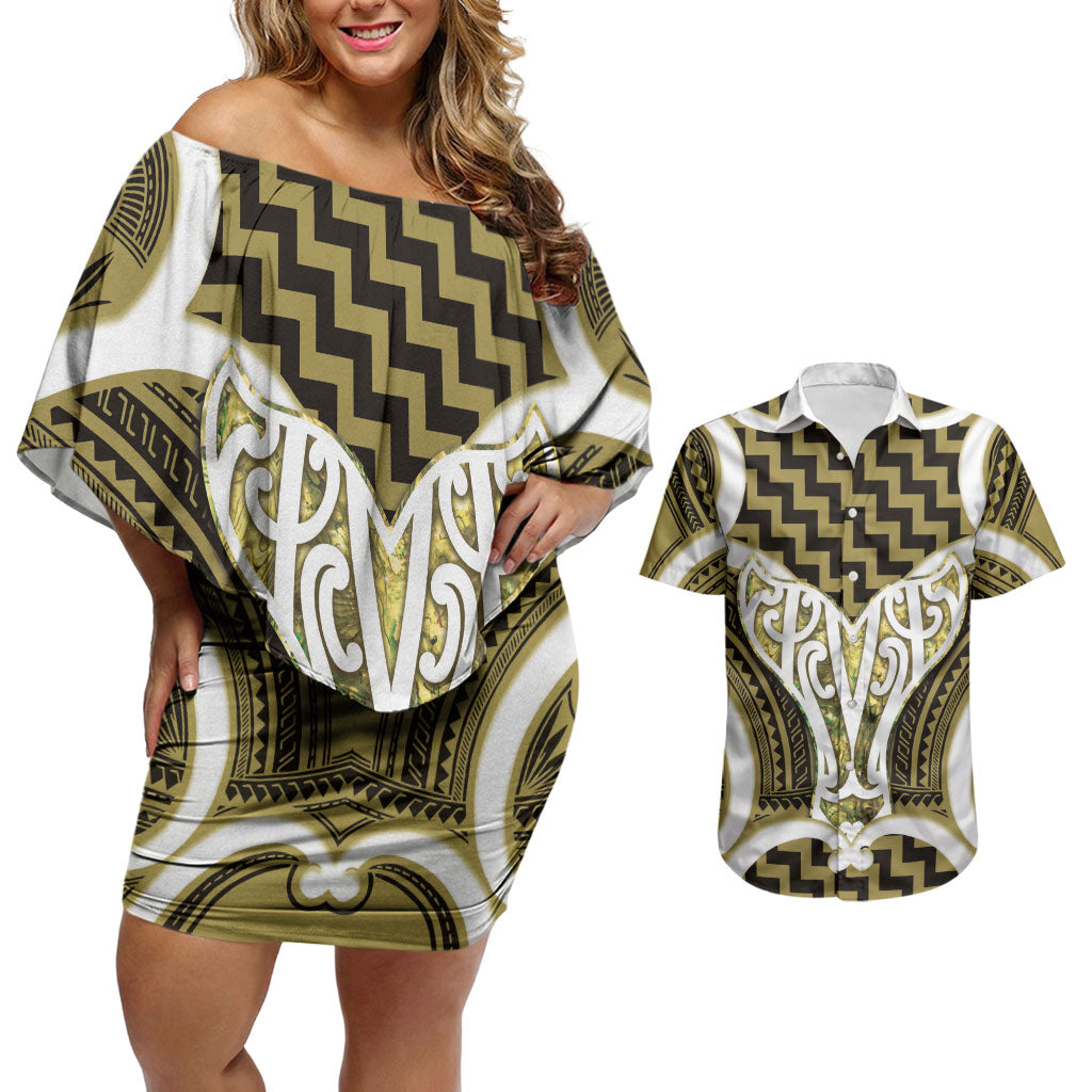 Aotearoa Atua Tangaroa Personalised Couples Matching Off Shoulder Short Dress and Hawaiian Shirt God Of The Sea Maori Whale Tail Yellow