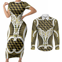 Aotearoa Atua Tangaroa Personalised Couples Matching Short Sleeve Bodycon Dress and Long Sleeve Button Shirt God Of The Sea Maori Whale Tail Yellow