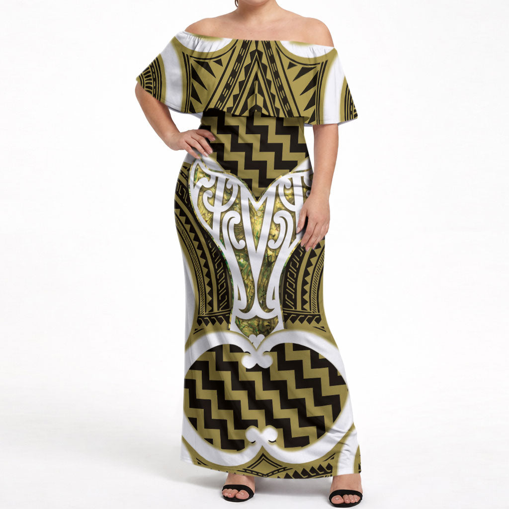Aotearoa Atua Tangaroa Personalised Off Shoulder Maxi Dress God Of The Sea Maori Whale Tail Yellow