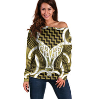 Aotearoa Atua Tangaroa Personalised Off Shoulder Sweater God Of The Sea Maori Whale Tail Yellow