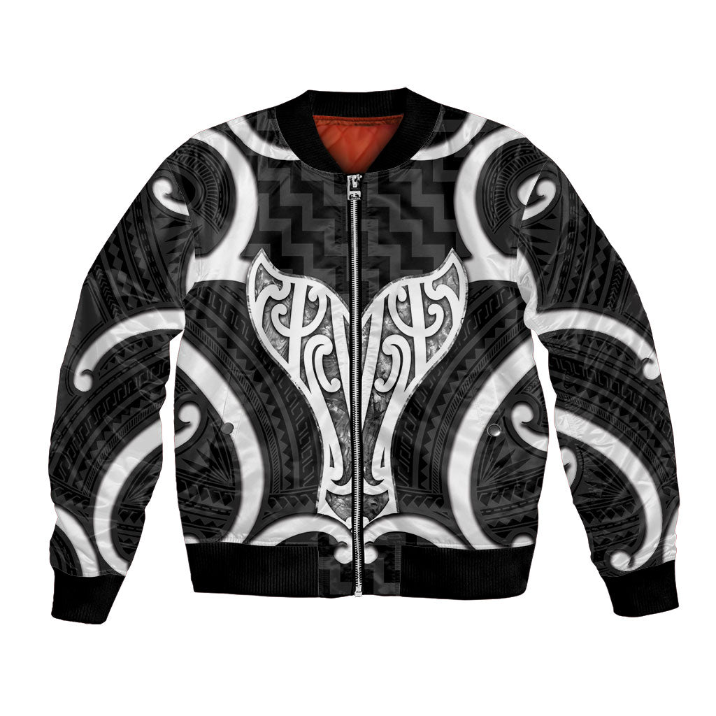 Aotearoa Atua Tangaroa Personalised Bomber Jacket God Of The Sea Maori Whale Tail Black