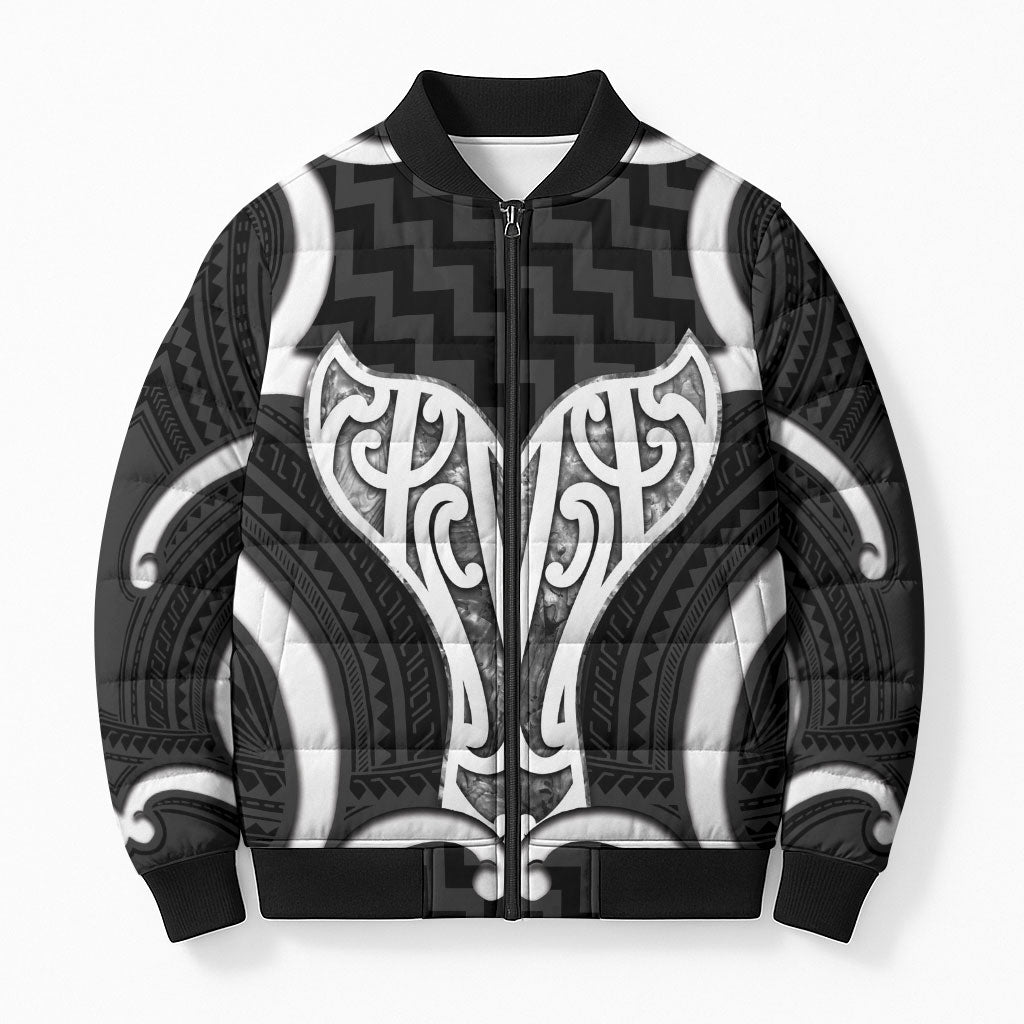 Aotearoa Atua Tangaroa Personalised Bomber Puffer Jacket God Of The Sea Maori Whale Tail Black LT14 Unisex Black - Polynesian Pride