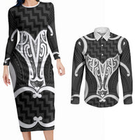 Aotearoa Atua Tangaroa Personalised Couples Matching Long Sleeve Bodycon Dress and Long Sleeve Button Shirt God Of The Sea Maori Whale Tail Black