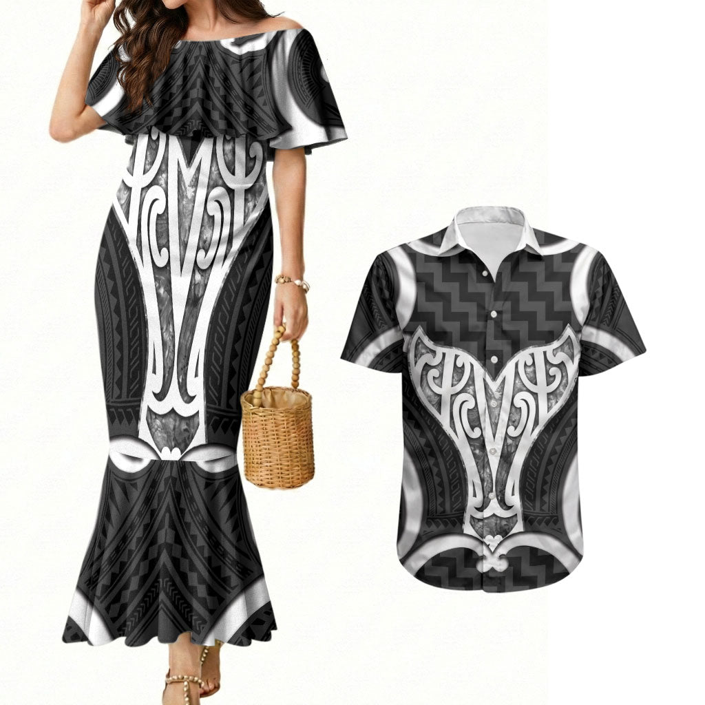 Aotearoa Atua Tangaroa Personalised Couples Matching Mermaid Dress and Hawaiian Shirt God Of The Sea Maori Whale Tail Black