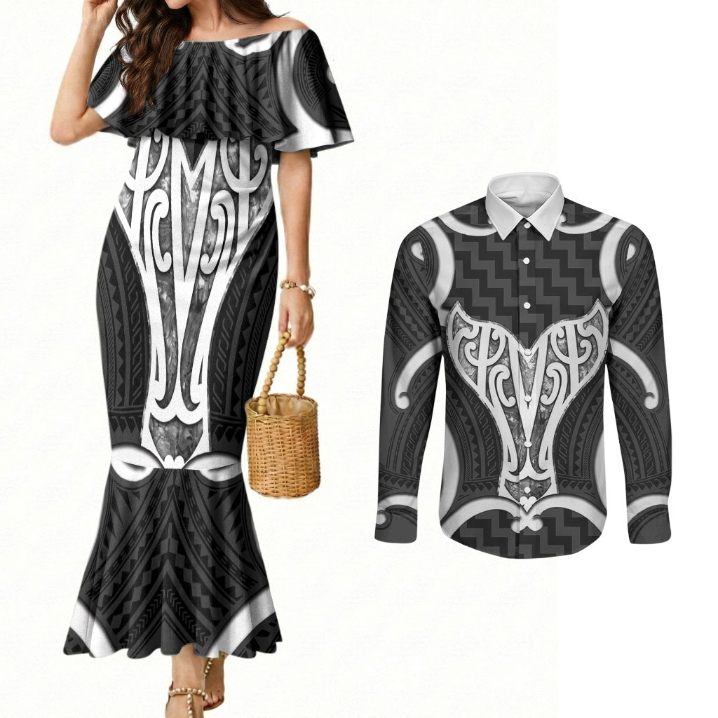 Aotearoa Atua Tangaroa Personalised Couples Matching Mermaid Dress and Long Sleeve Button Shirt God Of The Sea Maori Whale Tail Black