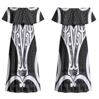 Aotearoa Atua Tangaroa Personalised Couples Matching Off Shoulder Maxi Dress and Hawaiian Shirt God Of The Sea Maori Whale Tail Black
