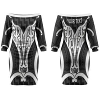 Aotearoa Atua Tangaroa Personalised Couples Matching Off The Shoulder Long Sleeve Dress and Long Sleeve Button Shirt God Of The Sea Maori Whale Tail Black