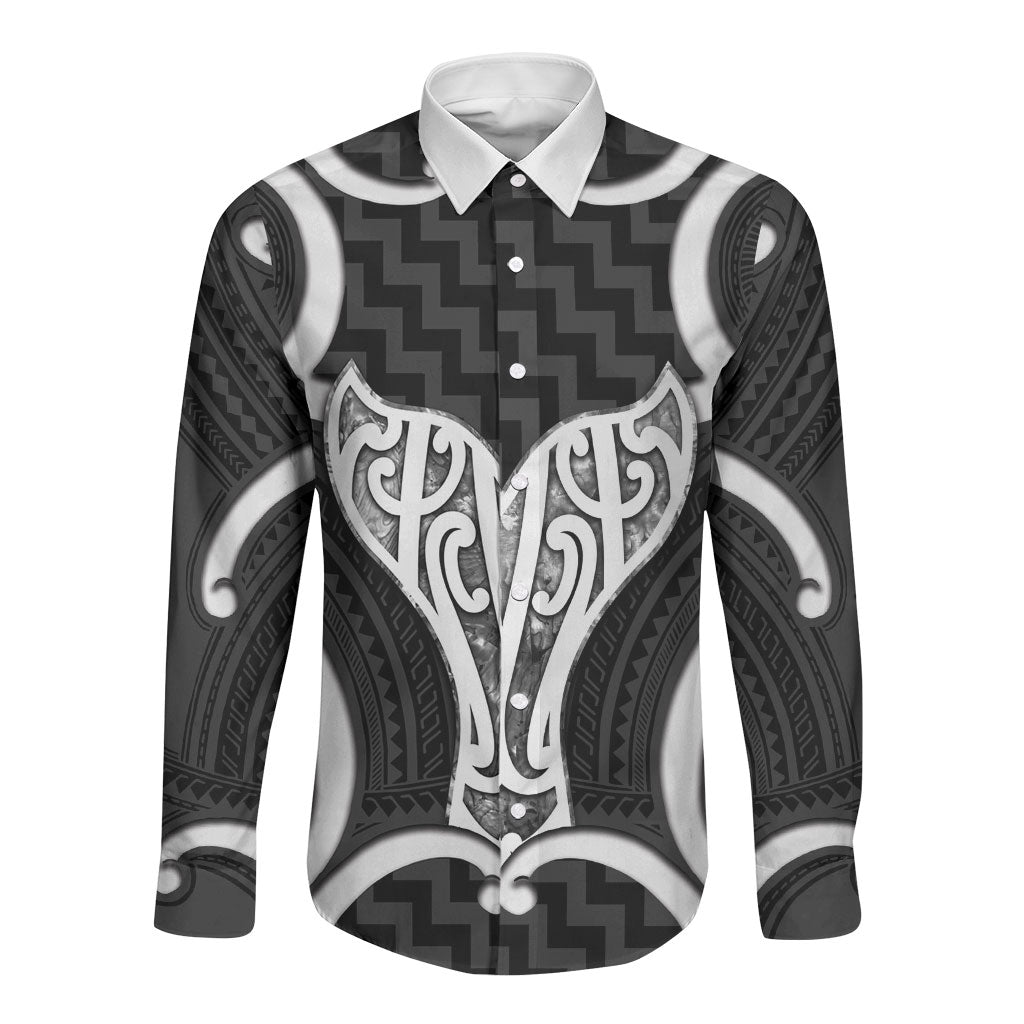 Aotearoa Atua Tangaroa Personalised Long Sleeve Button Shirt God Of The Sea Maori Whale Tail Black LT14 Unisex Black - Polynesian Pride
