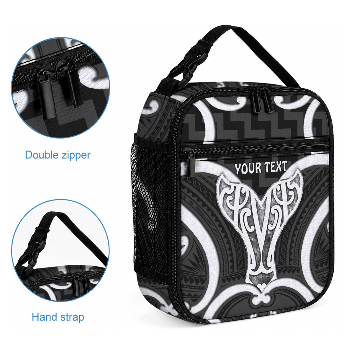 Aotearoa Atua Tangaroa Personalised Lunch Bag God Of The Sea Maori Whale Tail Black