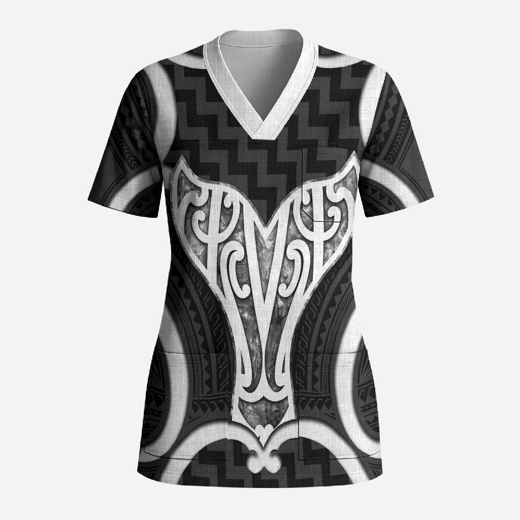 Aotearoa Atua Tangaroa Personalised Scrub Top God Of The Sea Maori Whale Tail Black LT14 Adult Black - Polynesian Pride