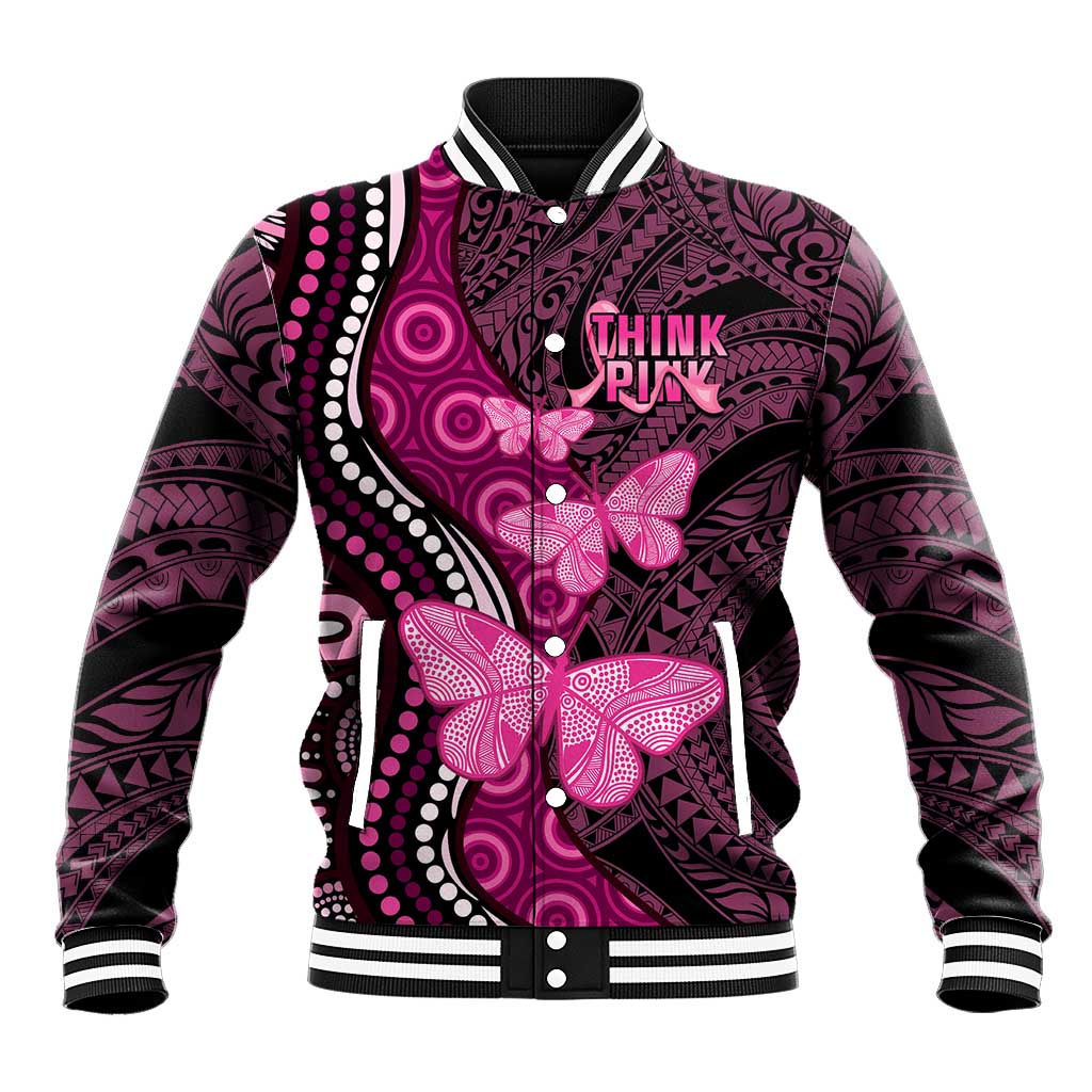 Think Pink Breast Cancer Awareness Baseball Jacket Butterfly Aboriginal Mix Polynesian Pattern