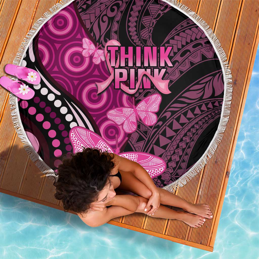 Think Pink Breast Cancer Awareness Beach Blanket Butterfly Aboriginal Mix Polynesian Pattern