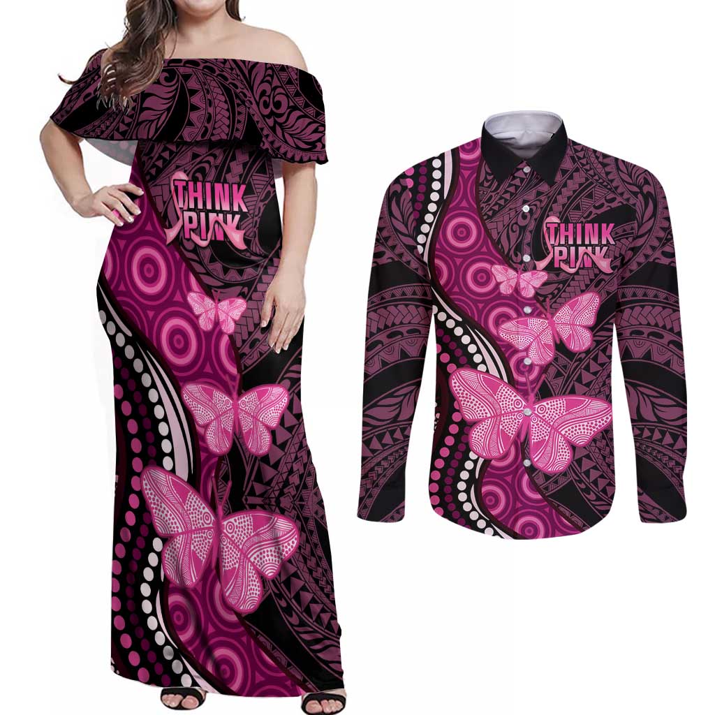 Think Pink Breast Cancer Awareness Couples Matching Off Shoulder Maxi Dress and Long Sleeve Button Shirt Butterfly Aboriginal Mix Polynesian Pattern