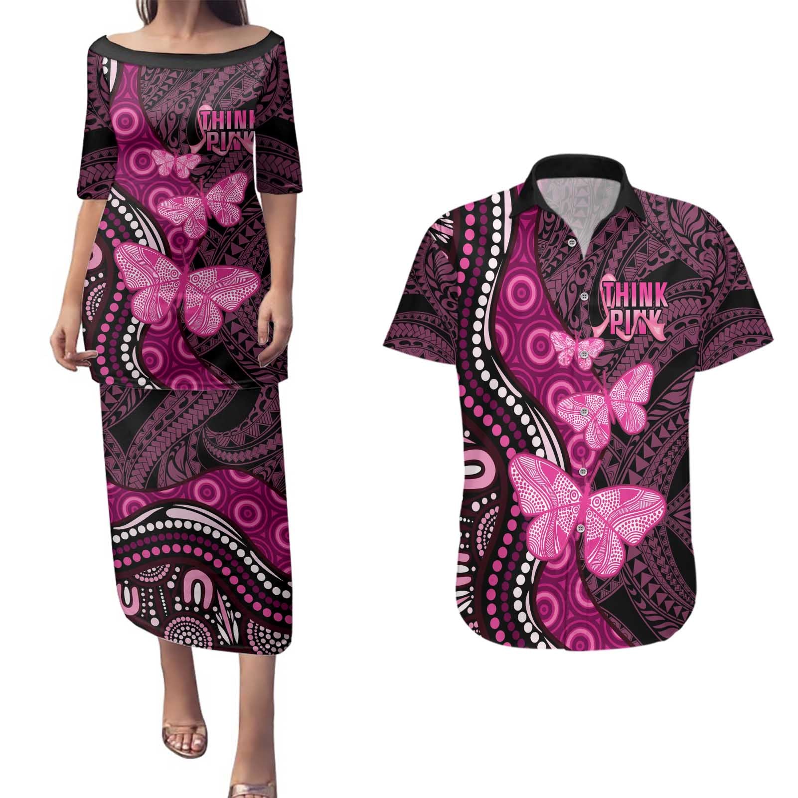 Think Pink Breast Cancer Awareness Couples Matching Puletasi and Hawaiian Shirt Butterfly Aboriginal Mix Polynesian Pattern