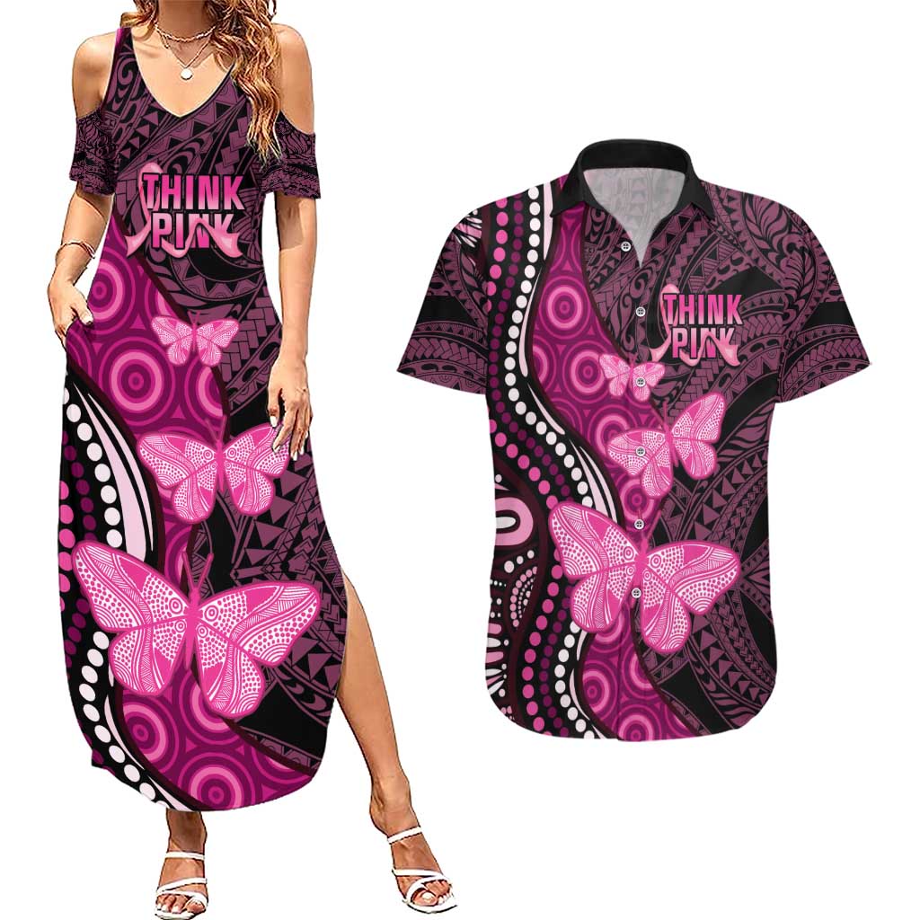 Think Pink Breast Cancer Awareness Couples Matching Summer Maxi Dress and Hawaiian Shirt Butterfly Aboriginal Mix Polynesian Pattern