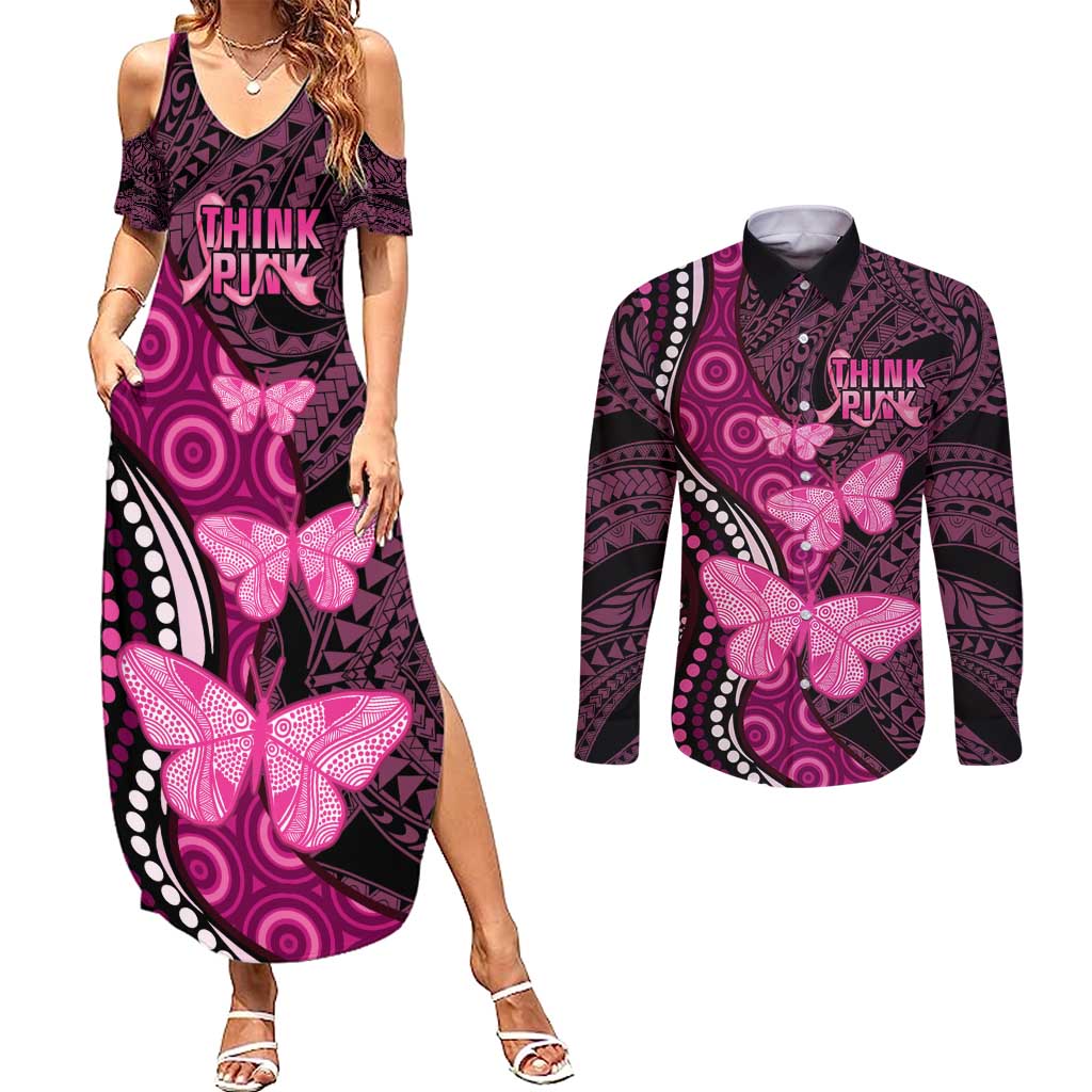 Think Pink Breast Cancer Awareness Couples Matching Summer Maxi Dress and Long Sleeve Button Shirt Butterfly Aboriginal Mix Polynesian Pattern