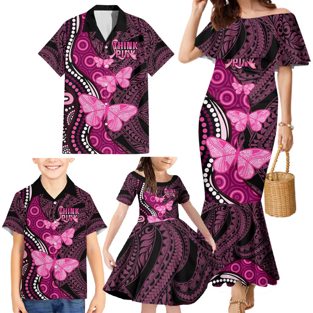 Think Pink Breast Cancer Awareness Family Matching Mermaid Dress and Hawaiian Shirt Butterfly Aboriginal Mix Polynesian Pattern