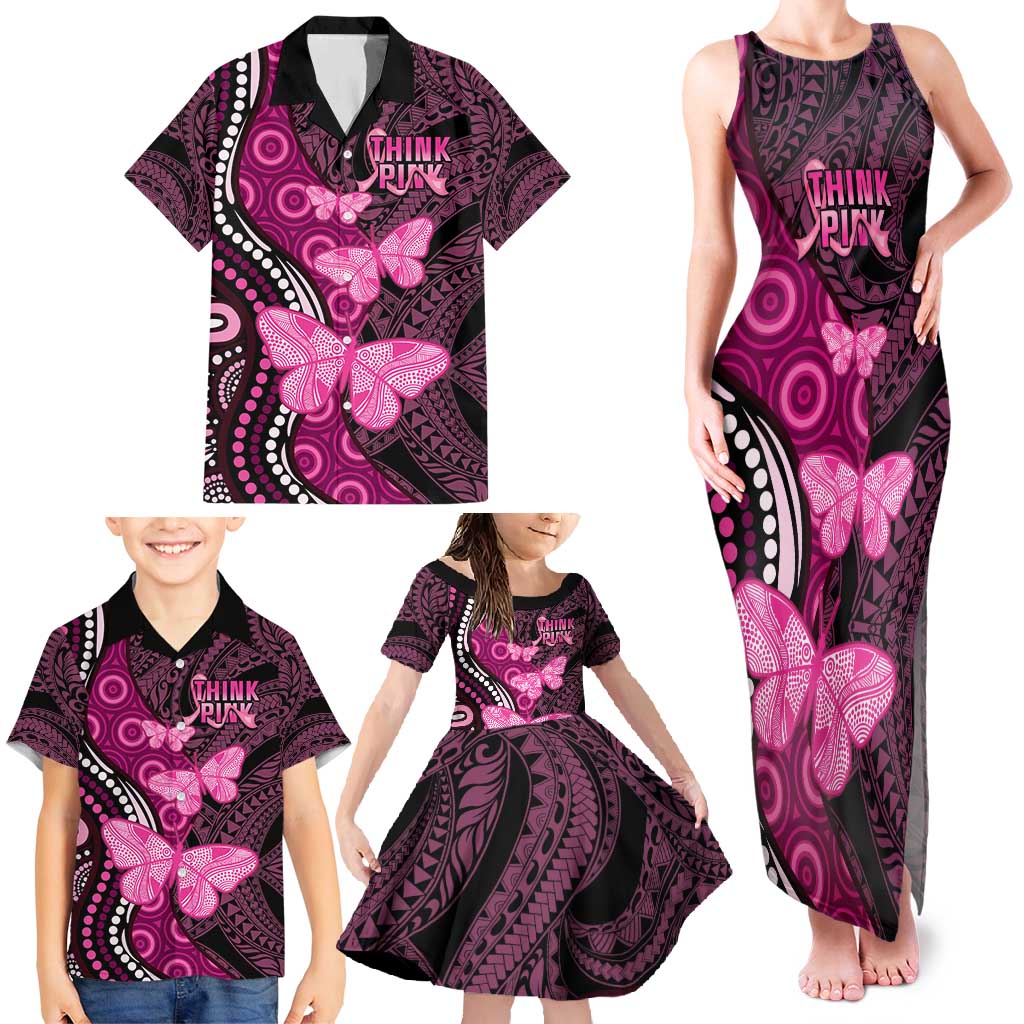 Think Pink Breast Cancer Awareness Family Matching Tank Maxi Dress and Hawaiian Shirt Butterfly Aboriginal Mix Polynesian Pattern