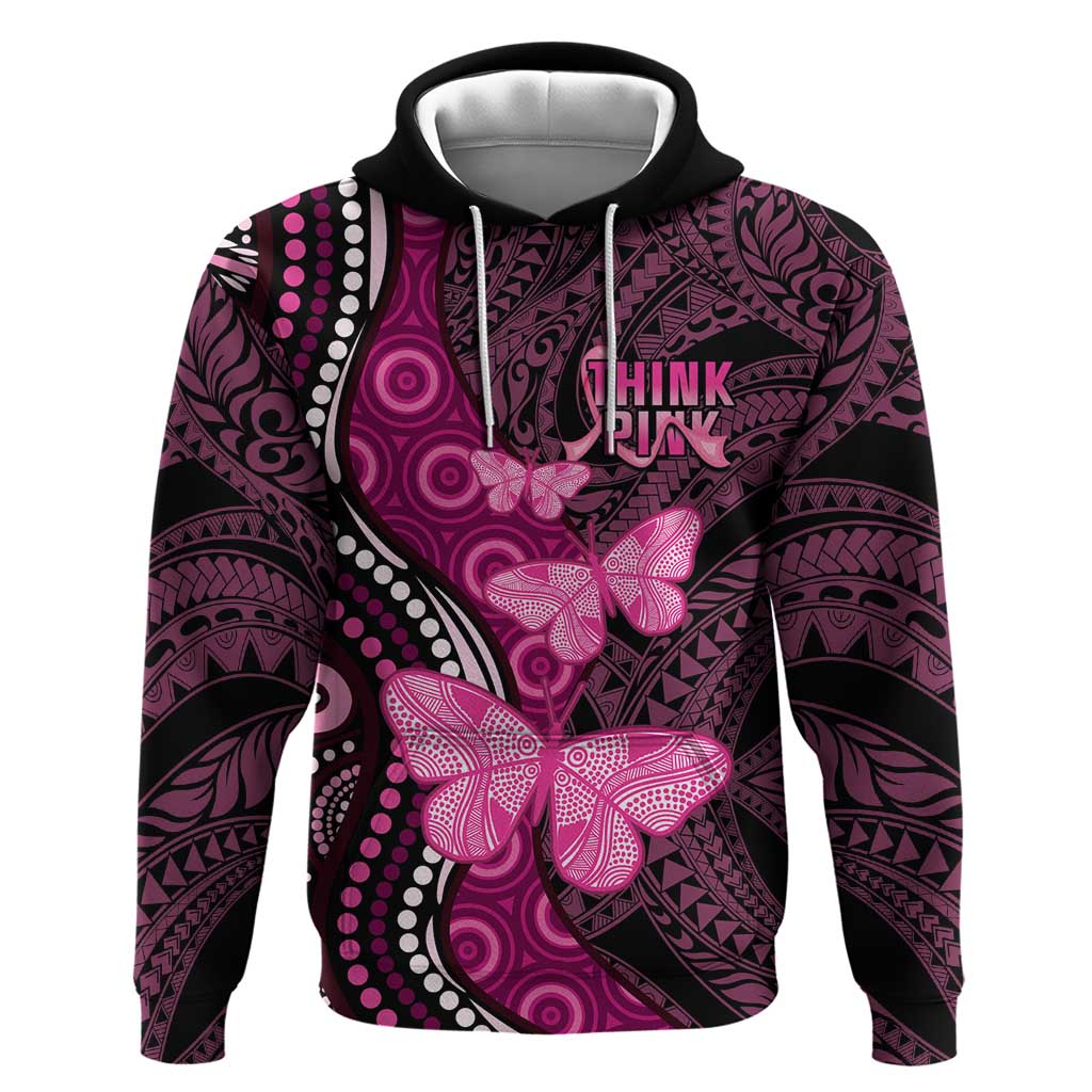 Think Pink Breast Cancer Awareness Hoodie Butterfly Aboriginal Mix Polynesian Pattern