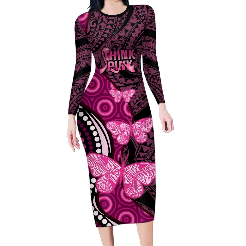 Think Pink Breast Cancer Awareness Long Sleeve Bodycon Dress Butterfly Aboriginal Mix Polynesian Pattern