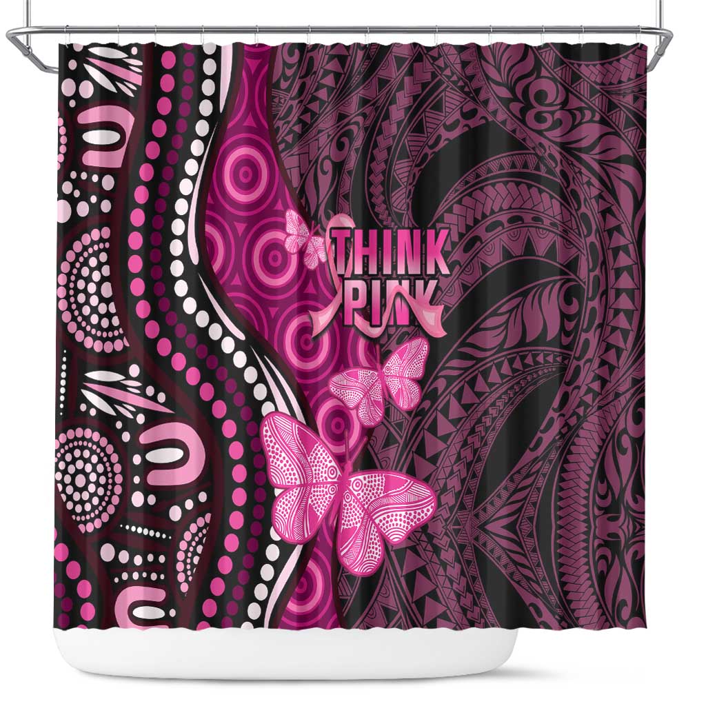 Think Pink Breast Cancer Awareness Shower Curtain Butterfly Aboriginal Mix Polynesian Pattern