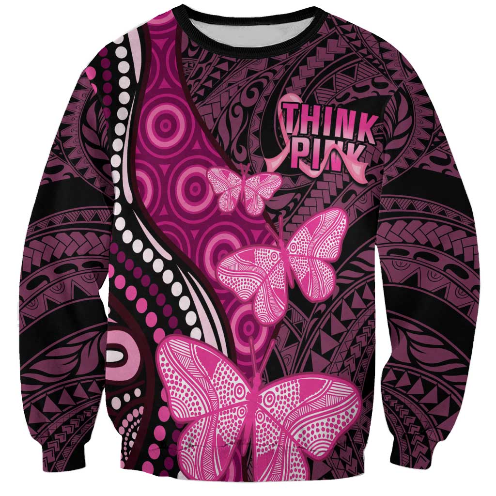 Think Pink Breast Cancer Awareness Sweatshirt Butterfly Aboriginal Mix Polynesian Pattern