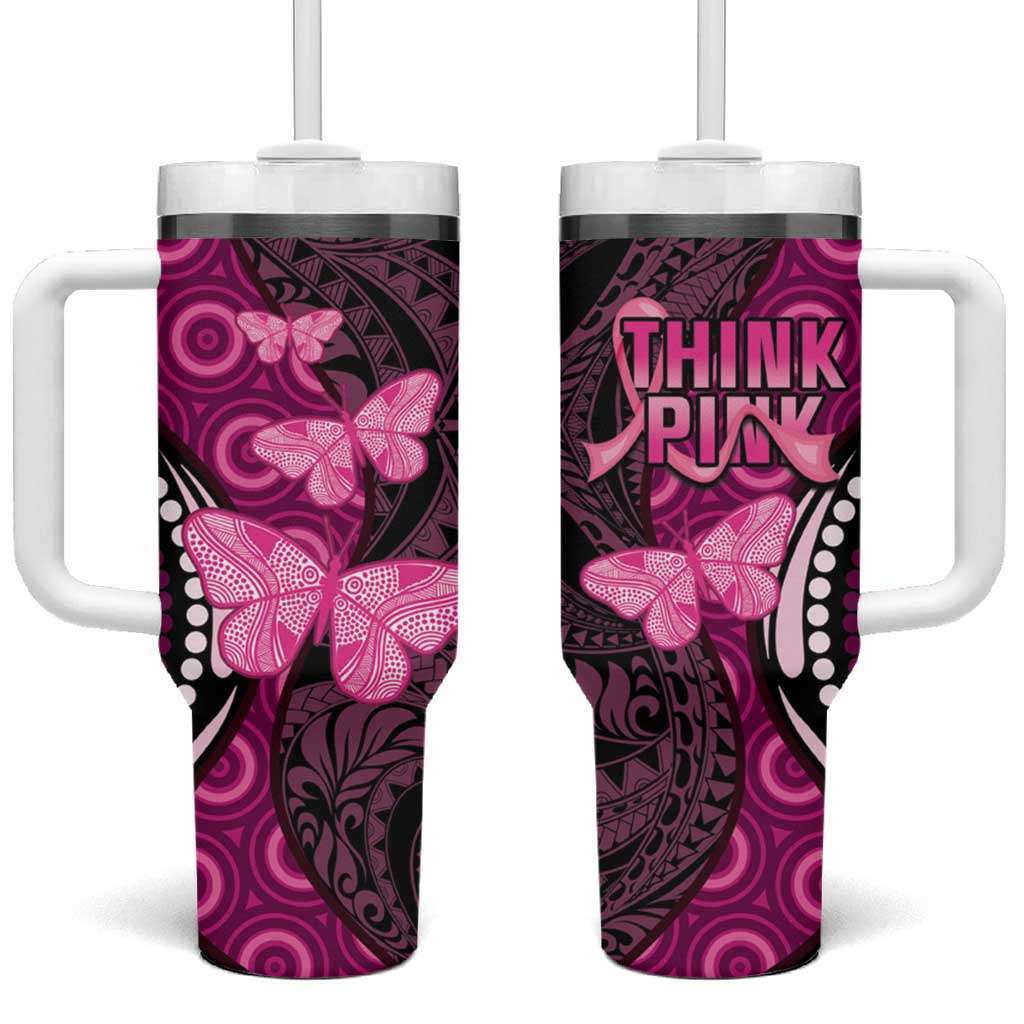 Think Pink Breast Cancer Awareness Tumbler With Handle Butterfly Aboriginal Mix Polynesian Pattern