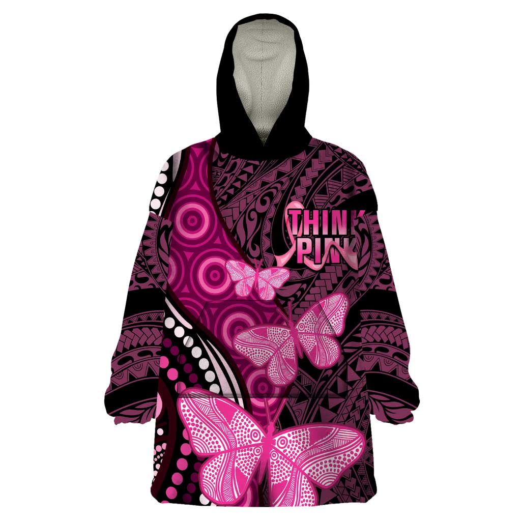 Think Pink Breast Cancer Awareness Wearable Blanket Hoodie Butterfly Aboriginal Mix Polynesian Pattern