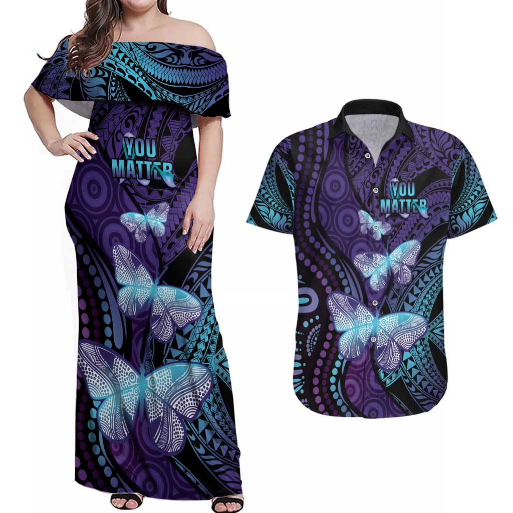 You Matter Suicide Prevention Awareness Couples Matching Off Shoulder Maxi Dress and Hawaiian Shirt Butterfly Aboriginal Mix Polynesian Pattern