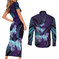 You Matter Suicide Prevention Awareness Couples Matching Short Sleeve Bodycon Dress and Long Sleeve Button Shirt Butterfly Aboriginal Mix Polynesian Pattern