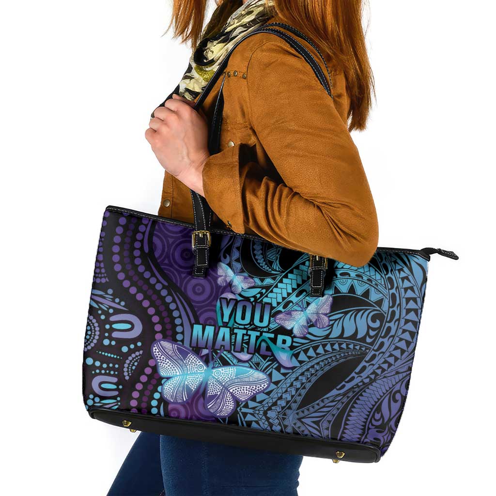 You Matter Suicide Prevention Awareness Leather Tote Bag Butterfly Aboriginal Mix Polynesian Pattern