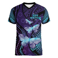 You Matter Suicide Prevention Awareness Women V-Neck T-Shirt Butterfly Aboriginal Mix Polynesian Pattern