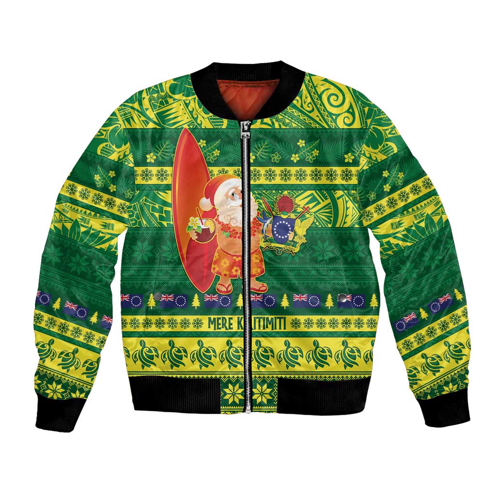 Cook Islands Christmas Bomber Jacket Surfing Santa Mere Kiritimiti - Polynesian Pride