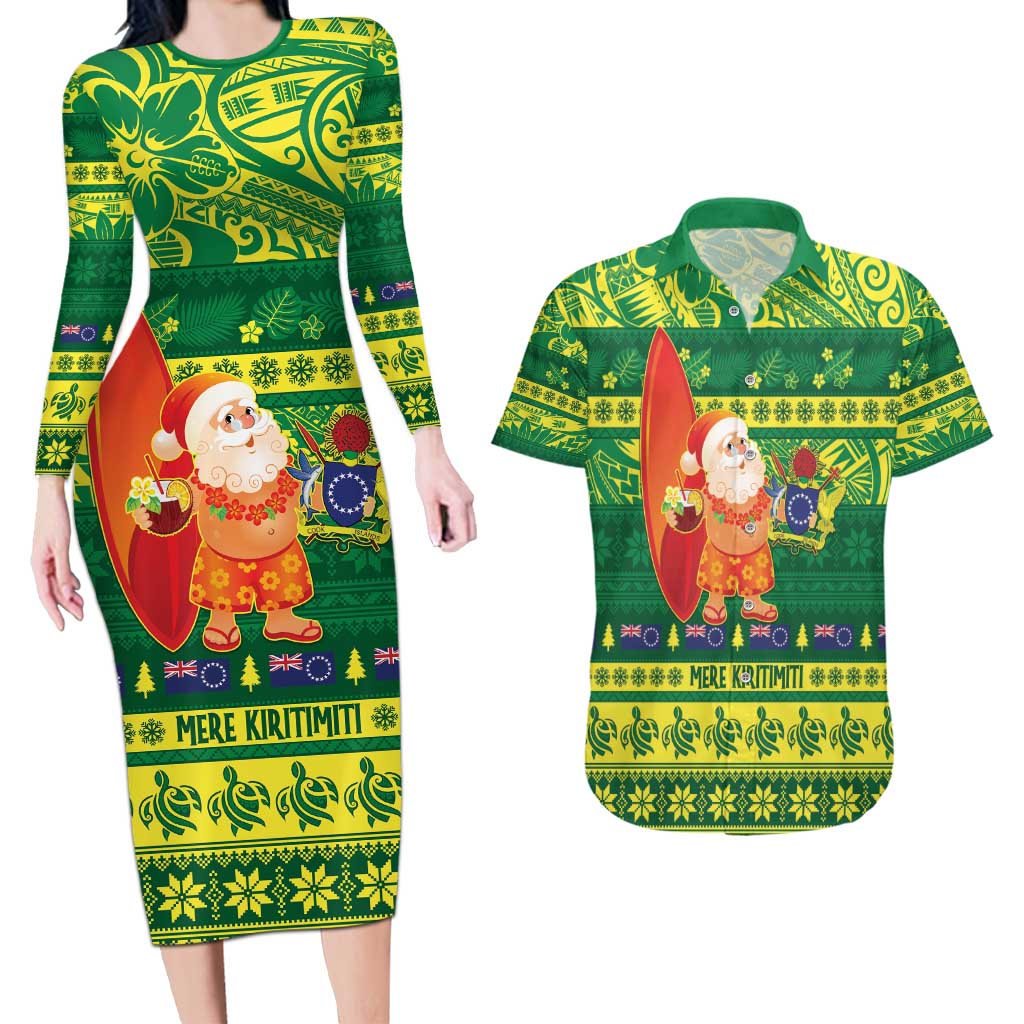 Cook Islands Christmas Couples Matching Long Sleeve Bodycon Dress and Hawaiian Shirt Surfing Santa Mere Kiritimiti - Polynesian Pride