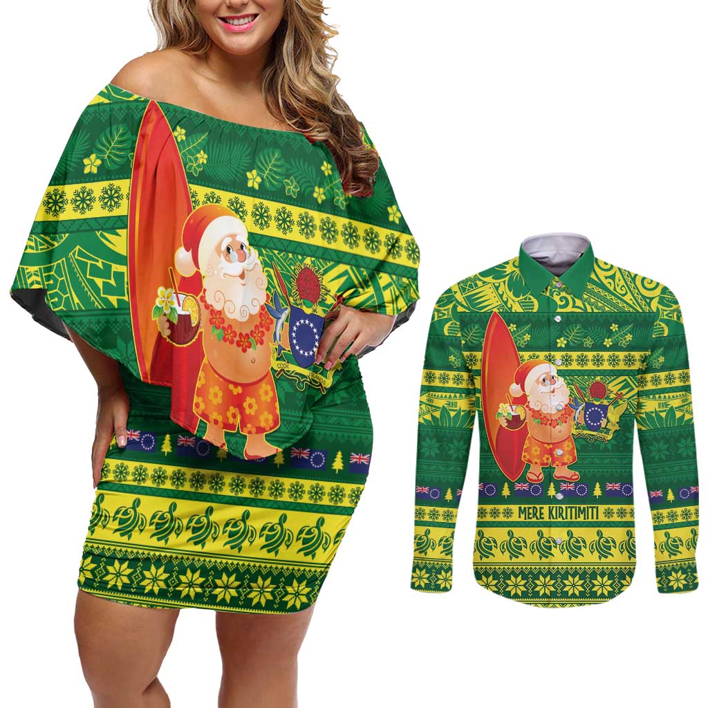 Cook Islands Christmas Couples Matching Off Shoulder Short Dress and Long Sleeve Button Shirt Surfing Santa Mere Kiritimiti - Polynesian Pride