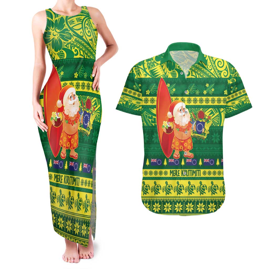 Cook Islands Christmas Couples Matching Tank Maxi Dress and Hawaiian Shirt Surfing Santa Mere Kiritimiti - Polynesian Pride