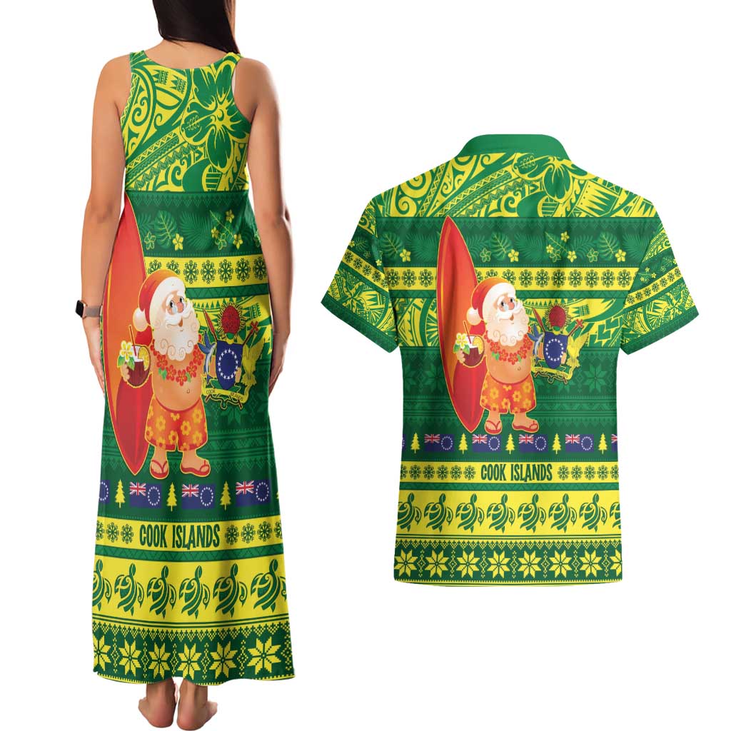 Cook Islands Christmas Couples Matching Tank Maxi Dress and Hawaiian Shirt Surfing Santa Mere Kiritimiti - Polynesian Pride