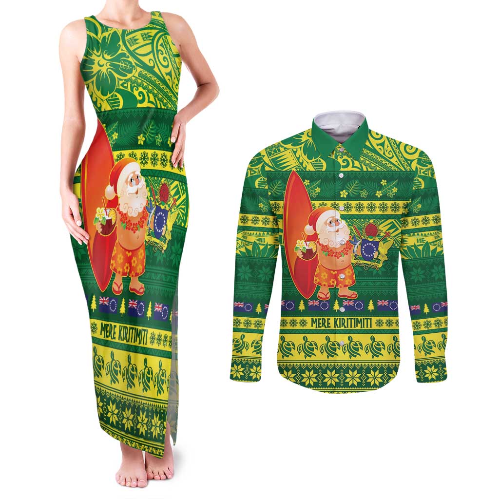 Cook Islands Christmas Couples Matching Tank Maxi Dress and Long Sleeve Button Shirt Surfing Santa Mere Kiritimiti - Polynesian Pride
