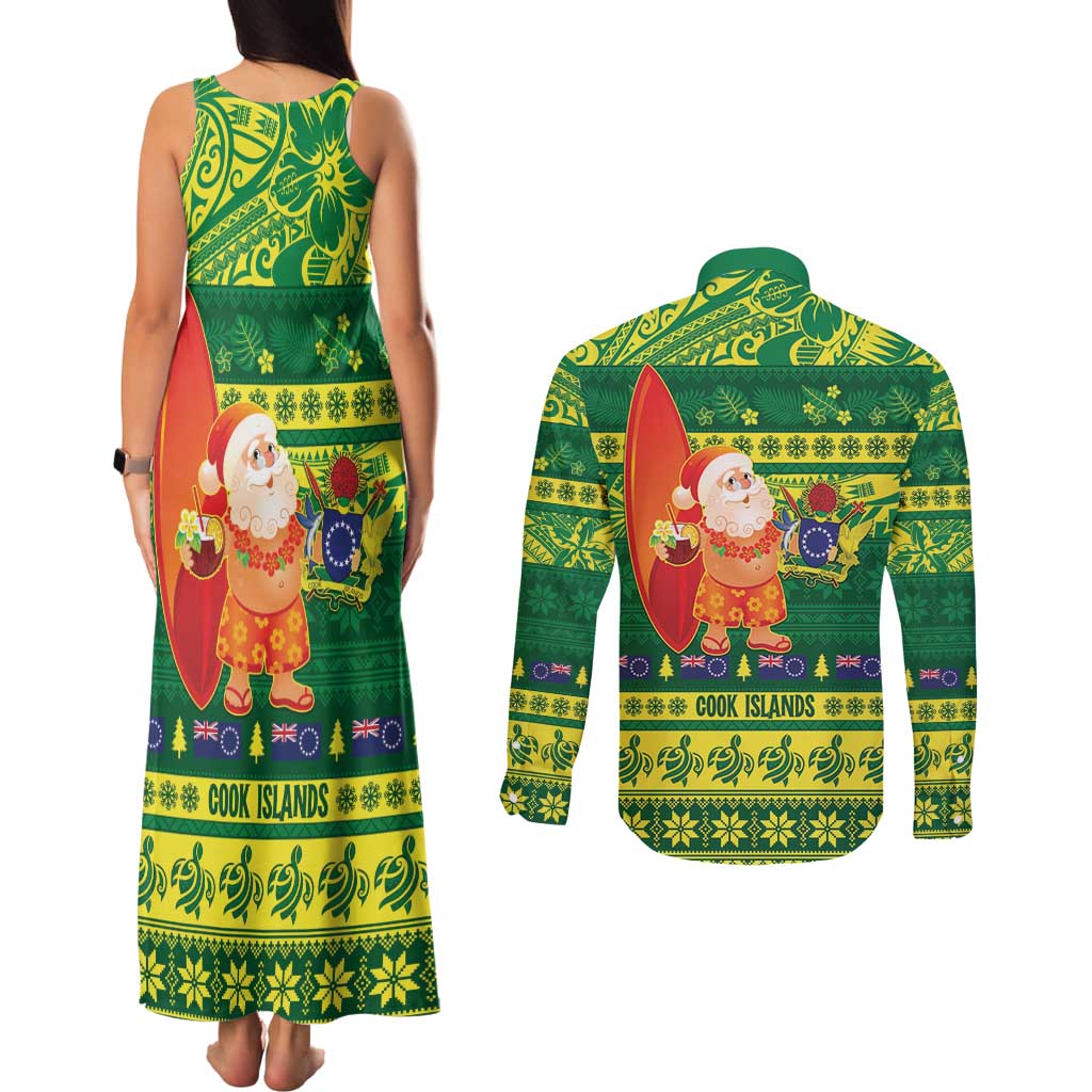 Cook Islands Christmas Couples Matching Tank Maxi Dress and Long Sleeve Button Shirt Surfing Santa Mere Kiritimiti - Polynesian Pride