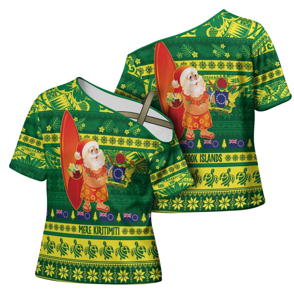 Cook Islands Christmas Cross Shoulder Shirt Surfing Santa Mere Kiritimiti - Polynesian Pride