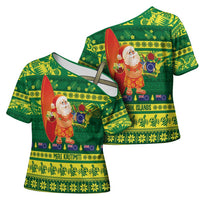 Cook Islands Christmas Cross Shoulder Shirt Surfing Santa Mere Kiritimiti - Polynesian Pride
