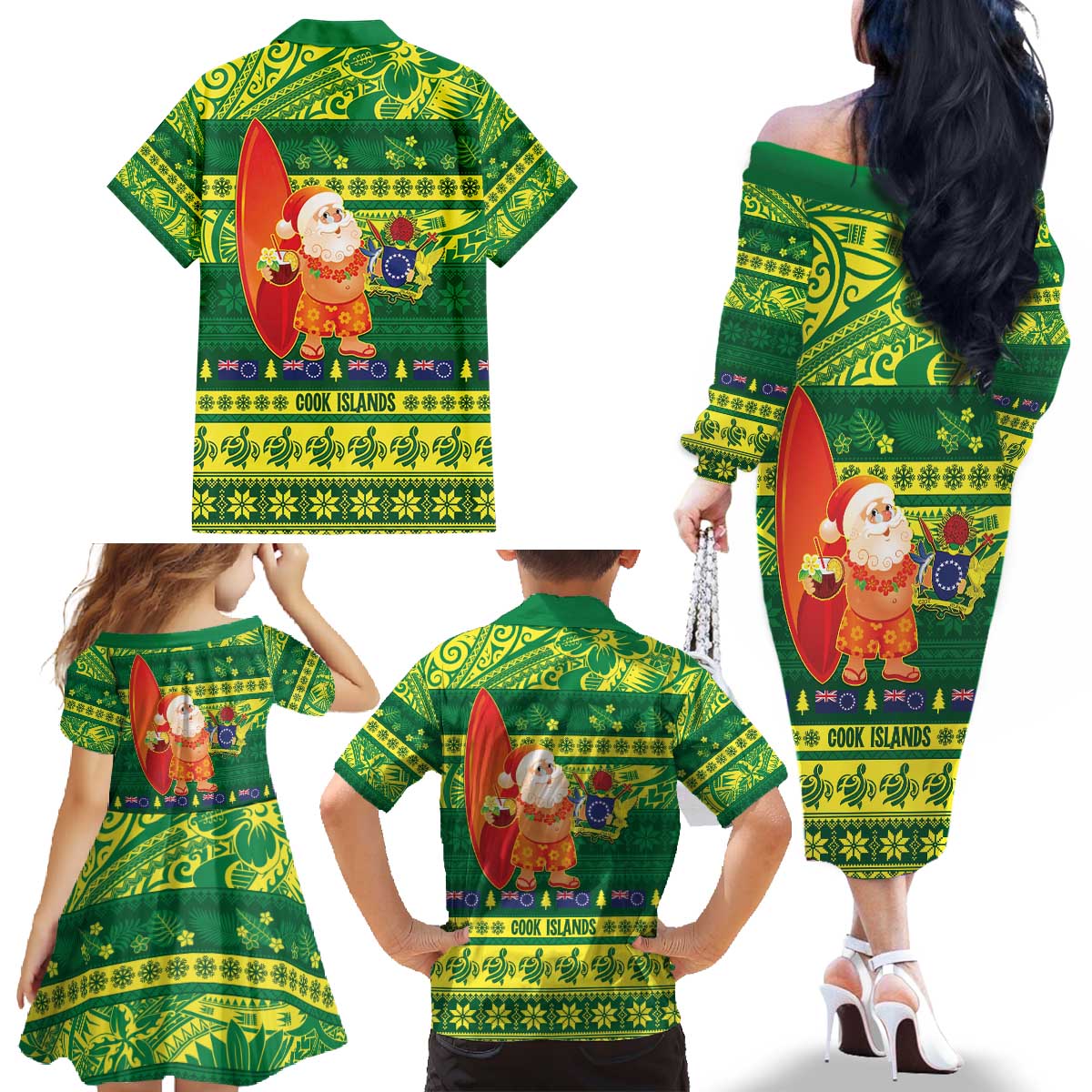 Cook Islands Christmas Family Matching Off The Shoulder Long Sleeve Dress and Hawaiian Shirt Surfing Santa Mere Kiritimiti - Polynesian Pride