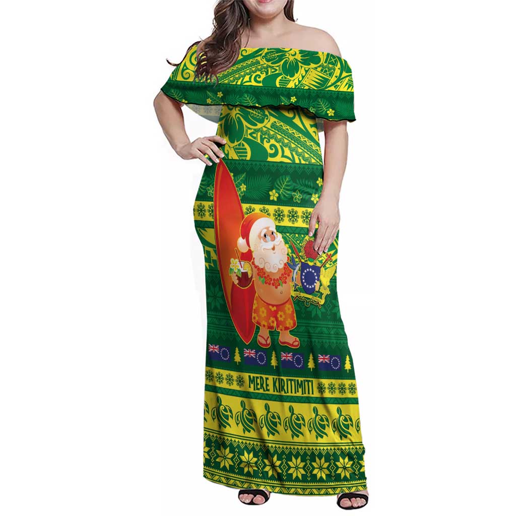 Cook Islands Christmas Family Matching Off Shoulder Maxi Dress and Hawaiian Shirt Surfing Santa Mere Kiritimiti - Polynesian Pride