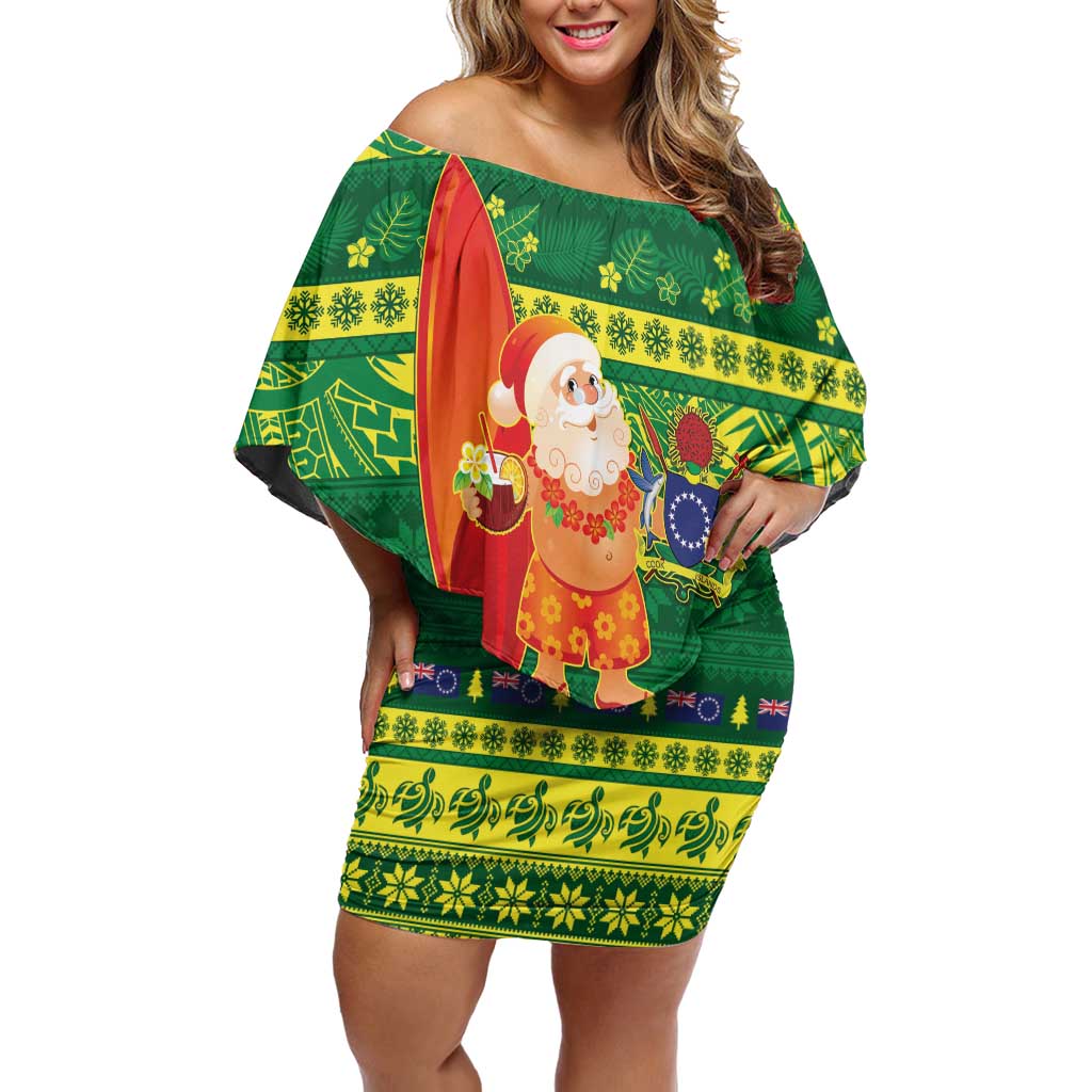 Cook Islands Christmas Family Matching Off Shoulder Short Dress and Hawaiian Shirt Surfing Santa Mere Kiritimiti - Polynesian Pride