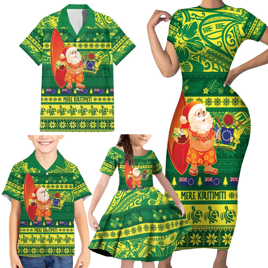 Cook Islands Christmas Family Matching Short Sleeve Bodycon Dress and Hawaiian Shirt Surfing Santa Mere Kiritimiti - Polynesian Pride