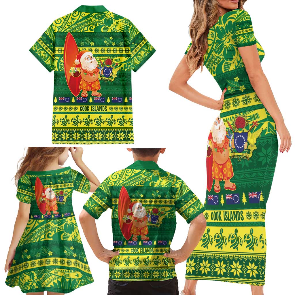 Cook Islands Christmas Family Matching Short Sleeve Bodycon Dress and Hawaiian Shirt Surfing Santa Mere Kiritimiti - Polynesian Pride