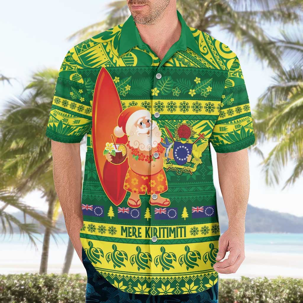 Cook Islands Christmas Hawaiian Shirt Surfing Santa Mere Kiritimiti - Polynesian Pride