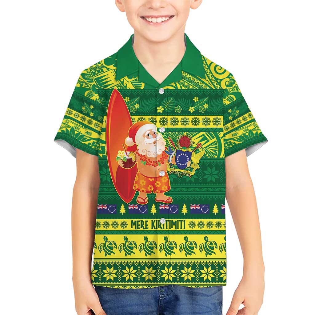 Cook Islands Christmas Kid Hawaiian Shirt Surfing Santa Mere Kiritimiti - Polynesian Pride